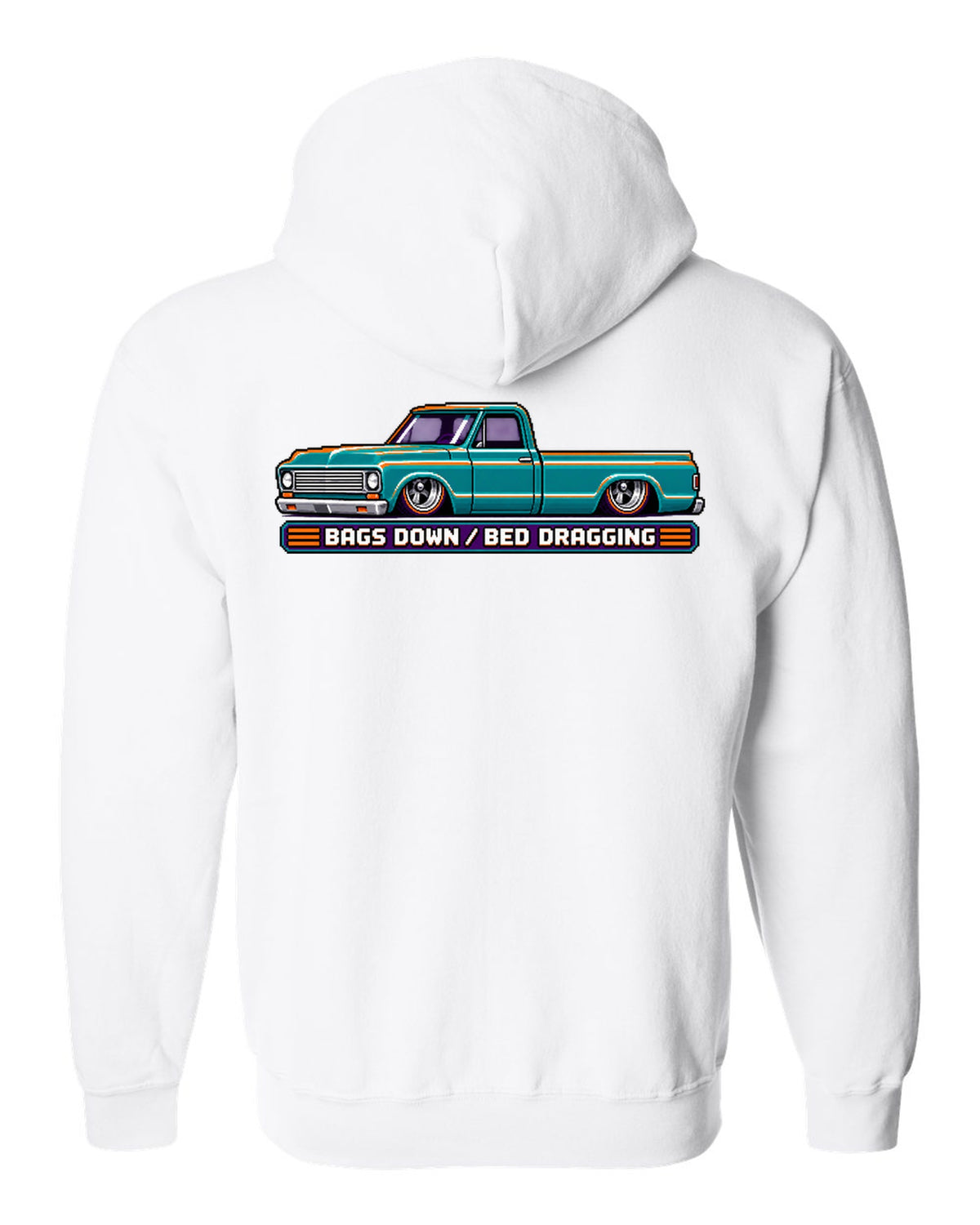 8/16-bit pixel art print of a bagged 1967-72 Chevrolet C10 Action Line Fleetside with bags down bed dragging lettering white zip hoodie back view with the design