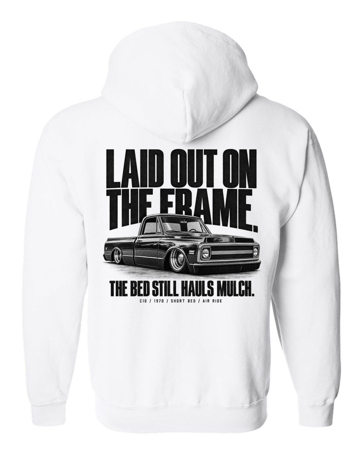 Halftone print of a 1970 Chevrolet C10 short bed on air ride with laid out on the frame text white zip hoodie back view with the design