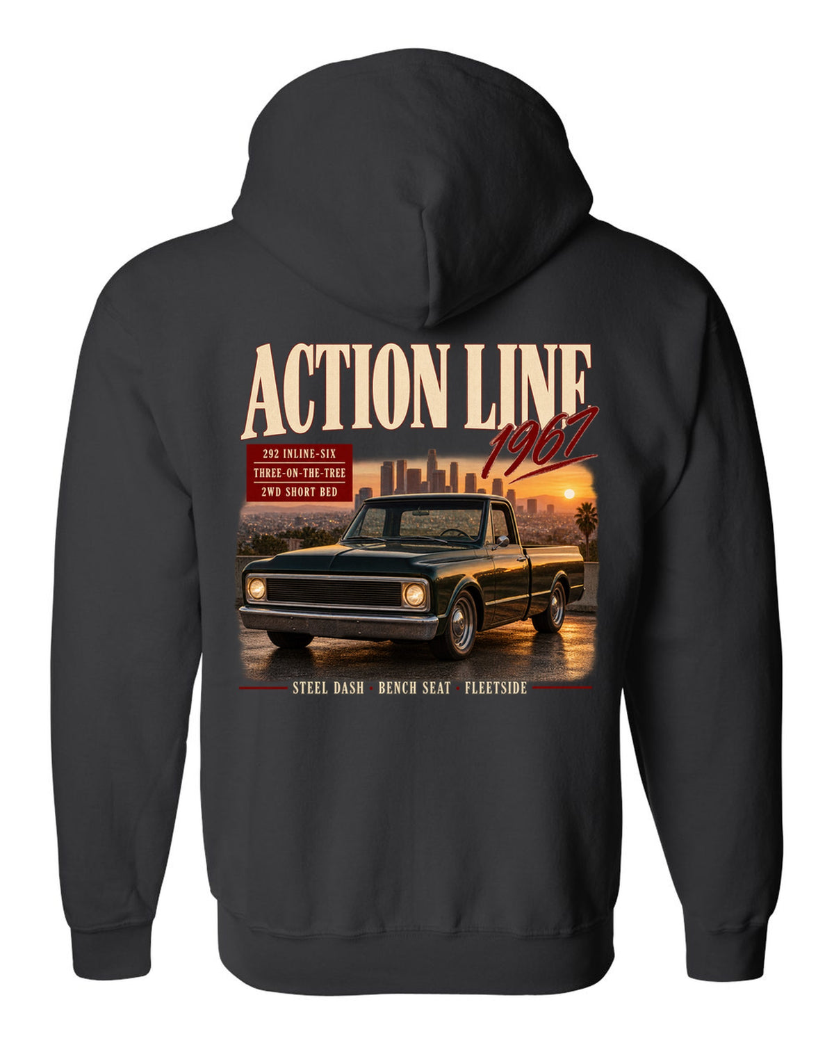 Archive panel print of a 1967 Chevrolet C10 Action Line Fleetside with 292 inline-six text black zip hoodie back view with the design