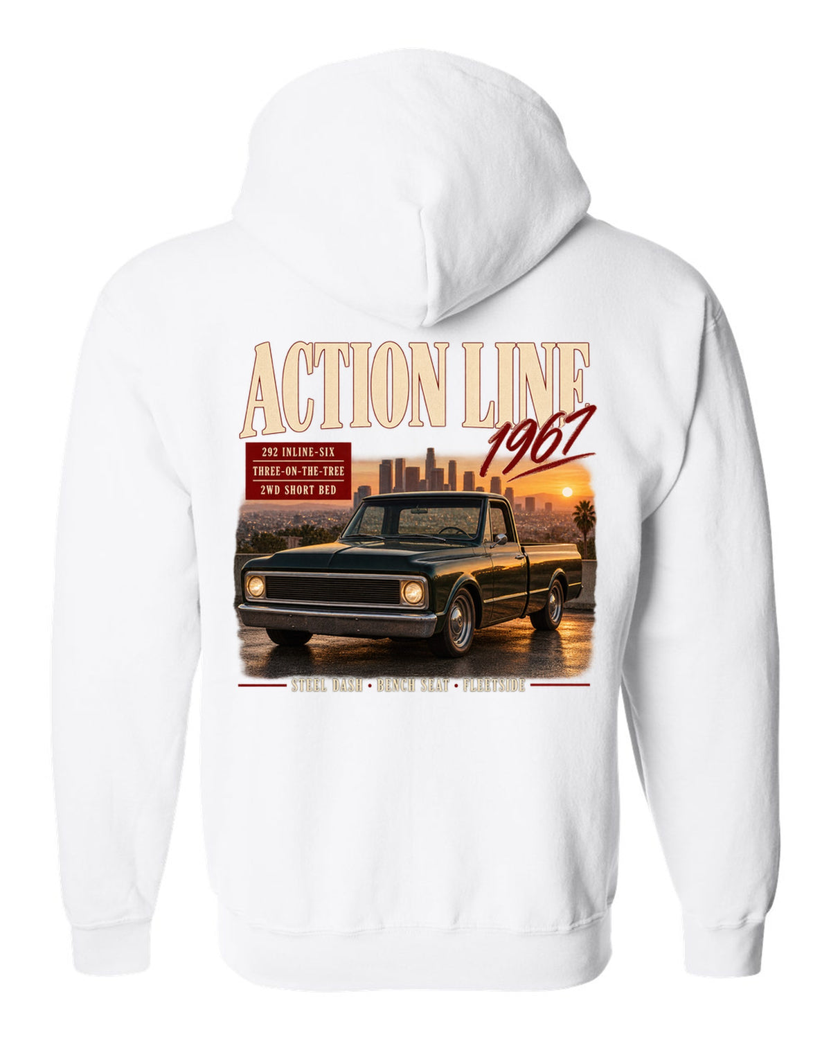Archive panel print of a 1967 Chevrolet C10 Action Line Fleetside with 292 inline-six text white zip hoodie back view with the design