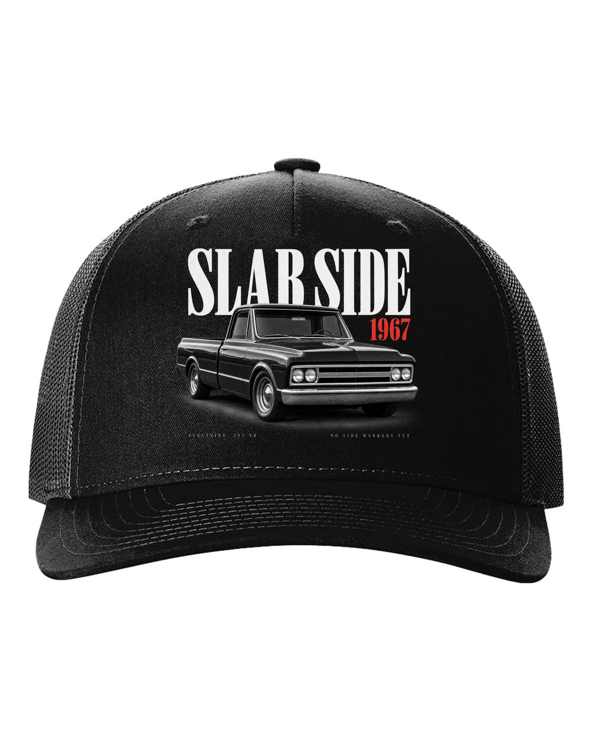 Editorial print of a 1967-72 Chevrolet C10 Action Line Fleetside with 283 V8 text black hat front view with the design