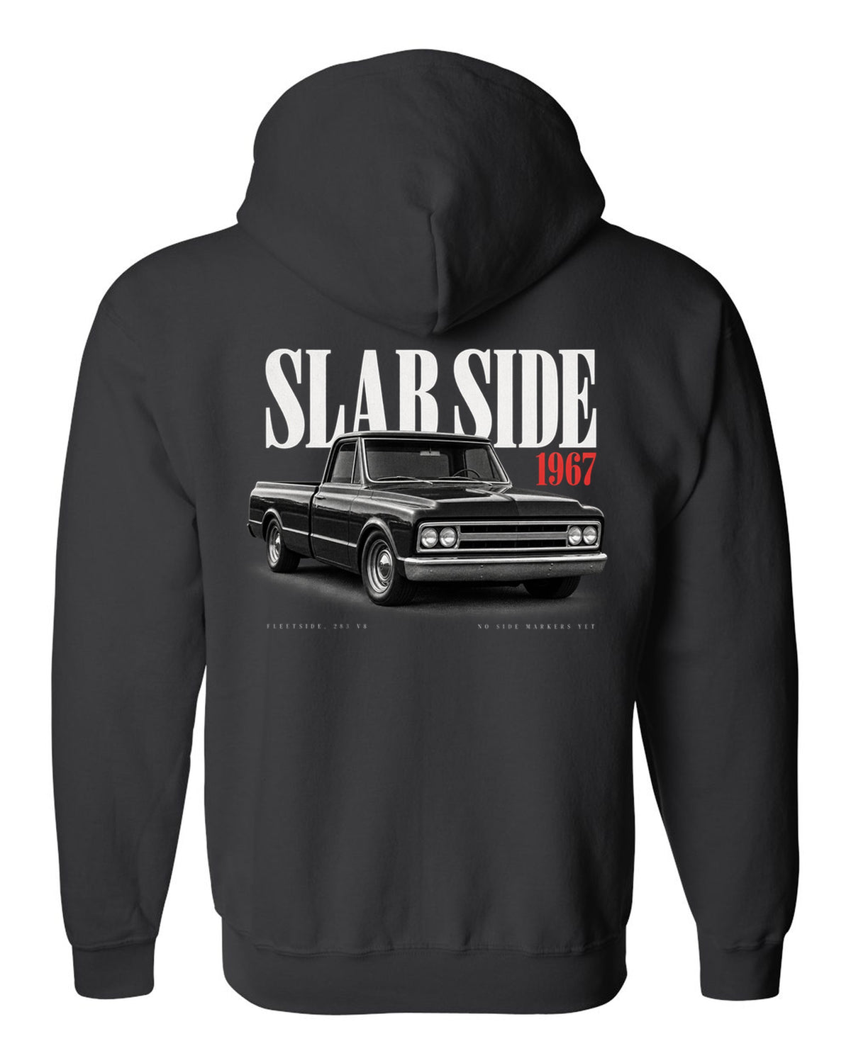 Editorial print of a 1967-72 Chevrolet C10 Action Line Fleetside with 283 V8 text black zip hoodie back view with the design