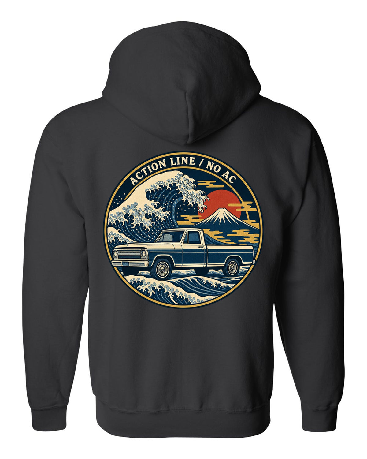 Ukiyo-e woodblock wave print of a 1967-72 Chevrolet C10 Action Line Fleetside with Action Line no AC lettering black zip hoodie back view with the design