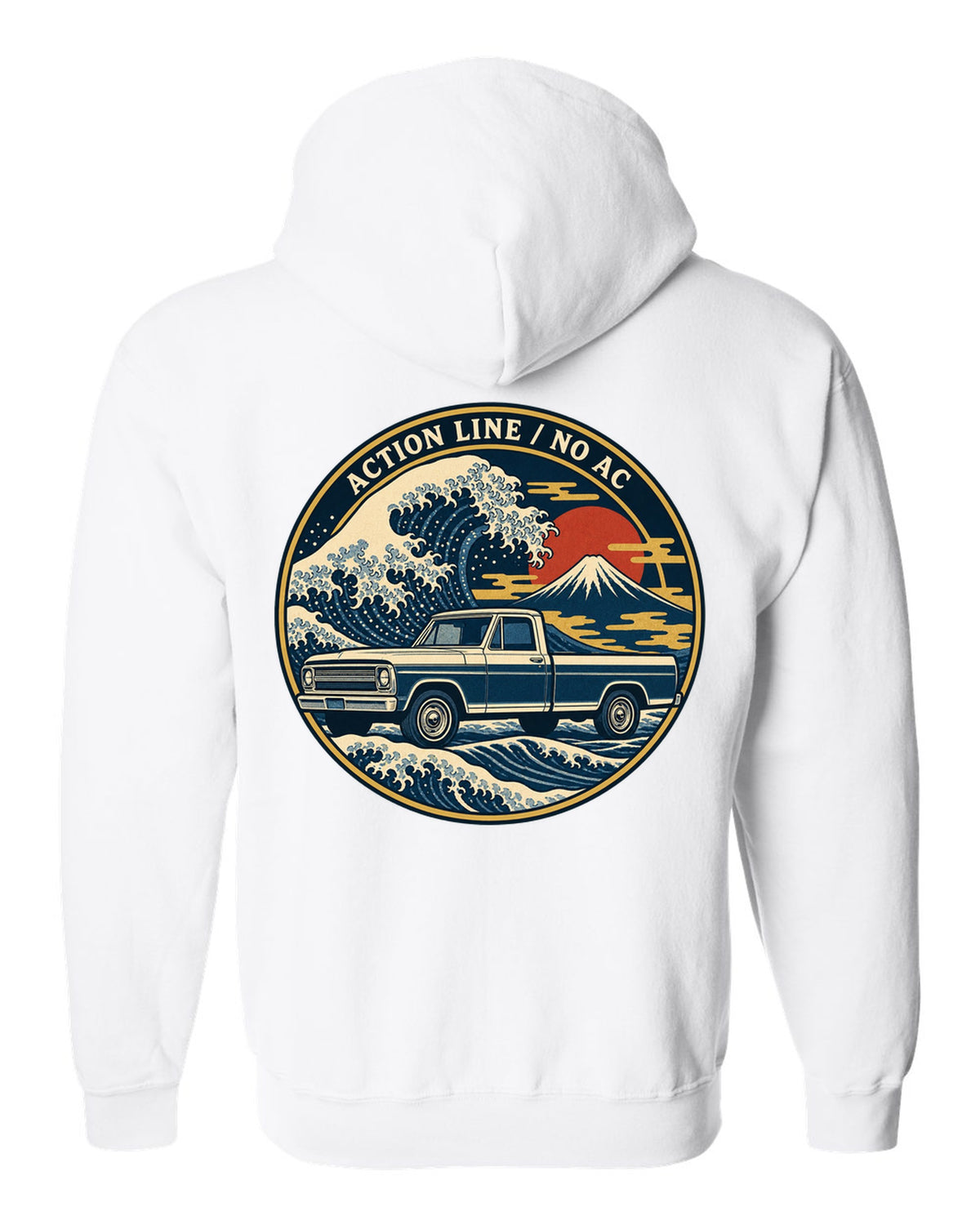 Ukiyo-e woodblock wave print of a 1967-72 Chevrolet C10 Action Line Fleetside with Action Line no AC lettering white zip hoodie back view with the design