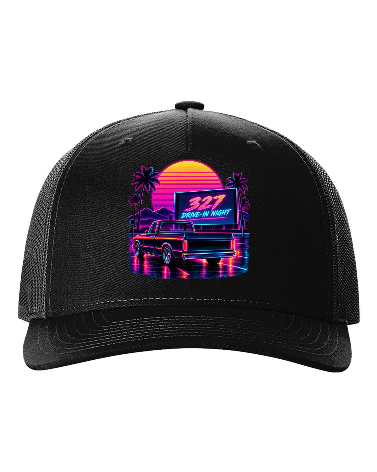 Synthwave outrun print of a 1967-72 Chevrolet C10 Action Line Fleetside at a drive-in with 327 lettering black hat front view with the design