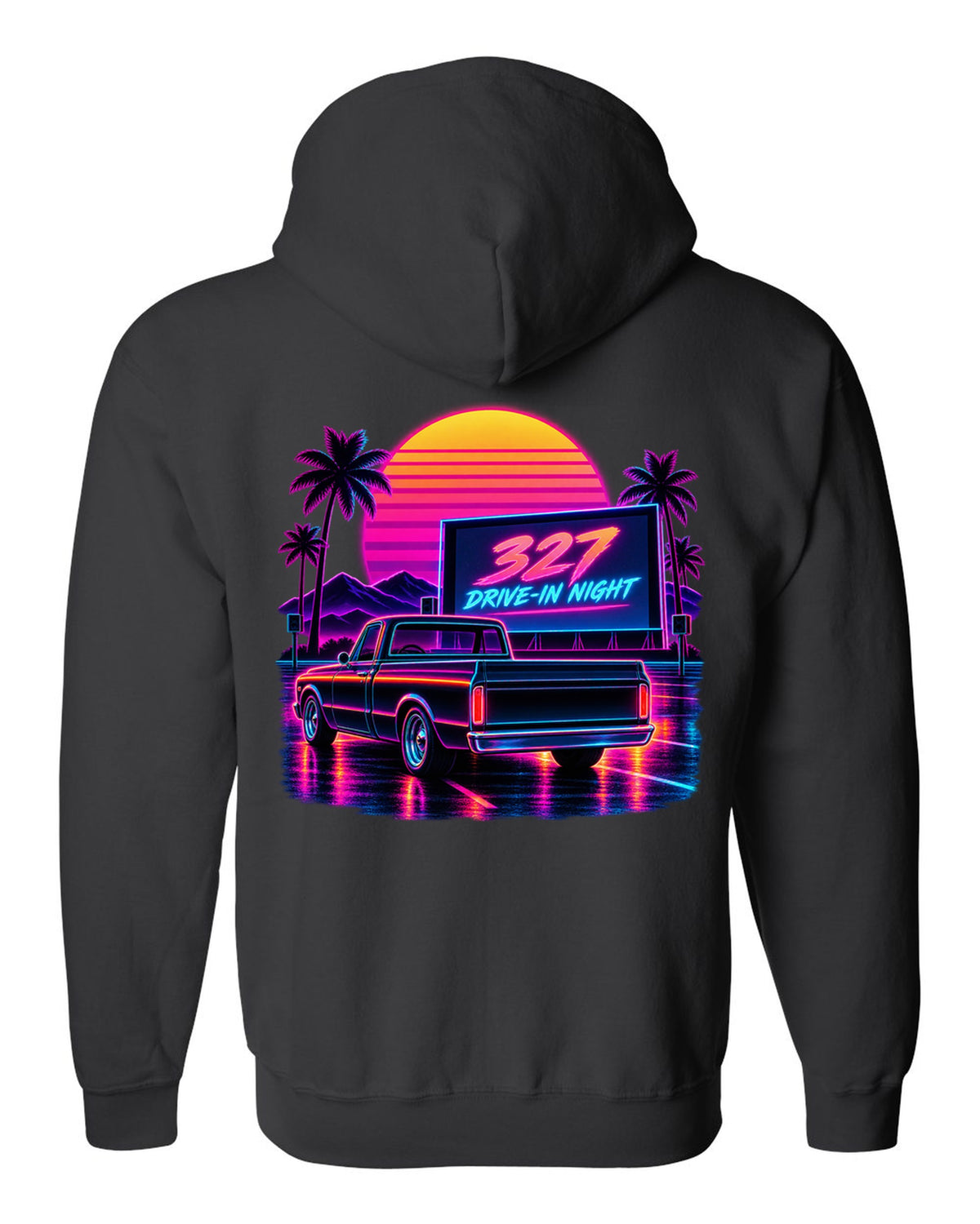 Synthwave outrun print of a 1967-72 Chevrolet C10 Action Line Fleetside at a drive-in with 327 lettering black zip hoodie back view with the design