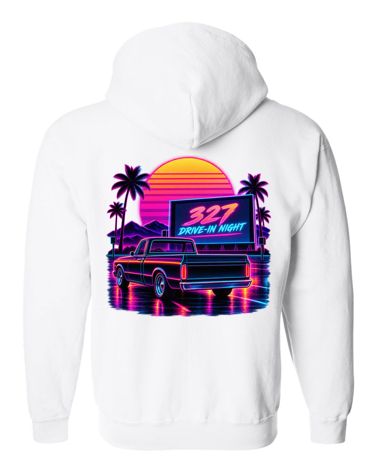 Synthwave outrun print of a 1967-72 Chevrolet C10 Action Line Fleetside at a drive-in with 327 lettering white zip hoodie back view with the design