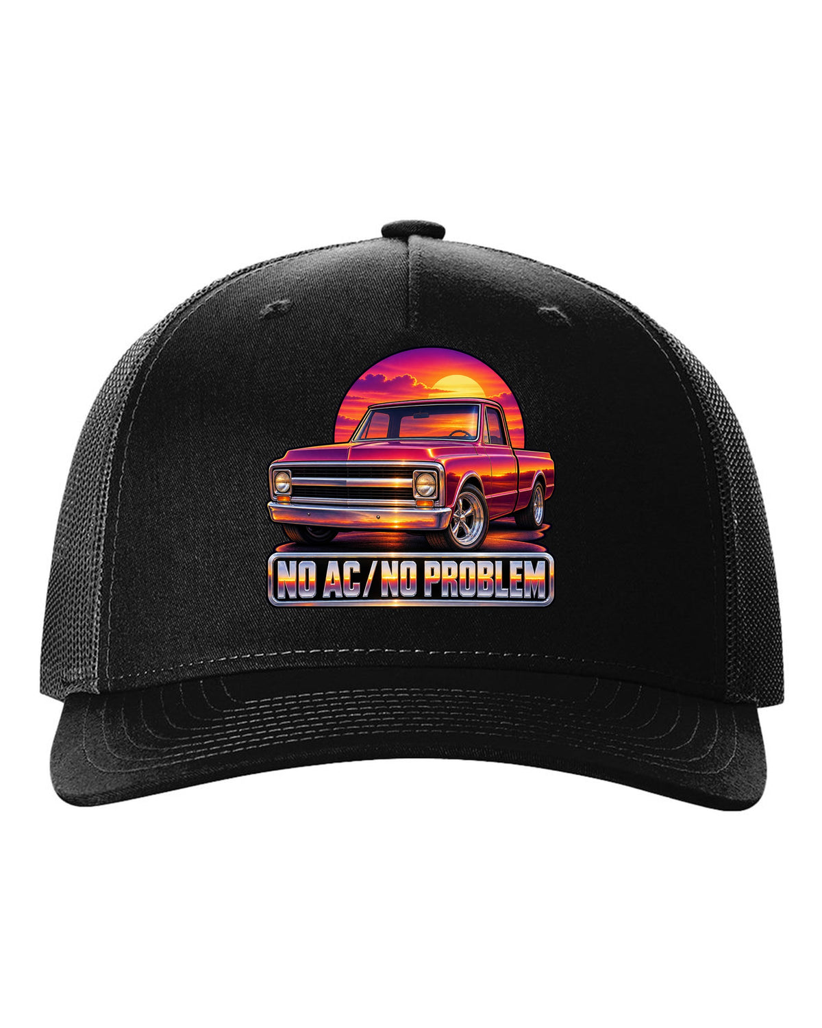70s airbrush sunset grille print of a 1967-72 Chevrolet C10 Action Line Fleetside with no AC text black hat front view with the design