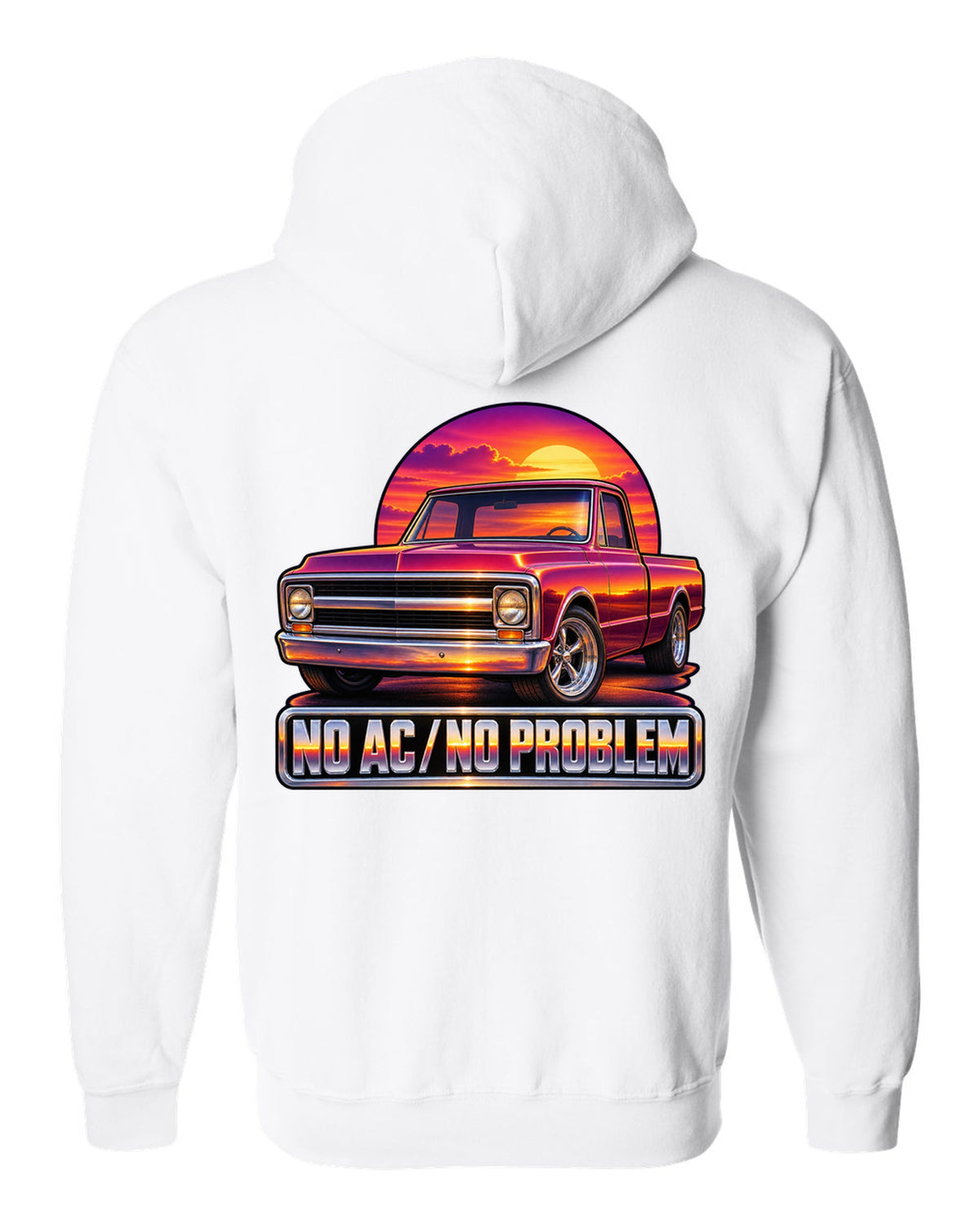 70s airbrush sunset grille print of a 1967-72 Chevrolet C10 Action Line Fleetside with no AC text white zip hoodie back view with the design