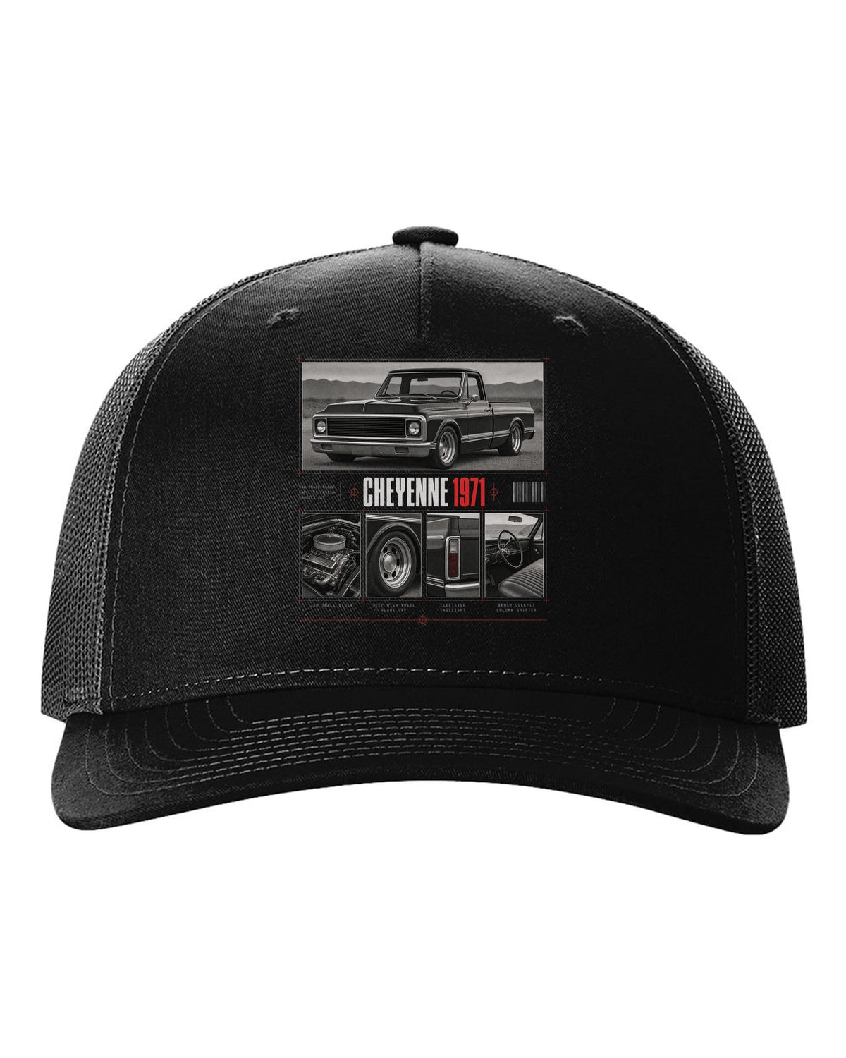 Dossier panel print of a 1971 Chevrolet C10 Cheyenne with 350 small block text black hat front view with the design
