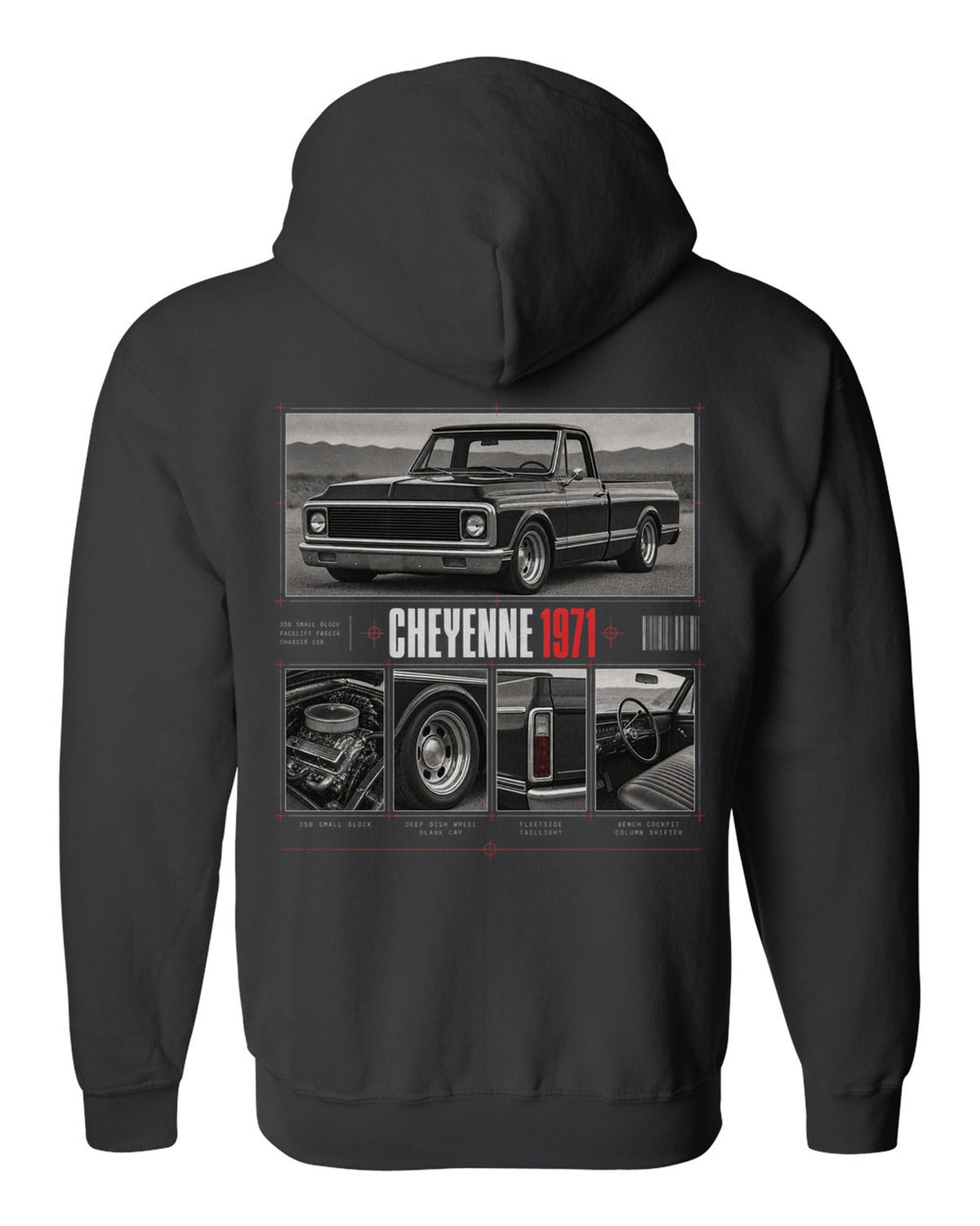Dossier panel print of a 1971 Chevrolet C10 Cheyenne with 350 small block text black zip hoodie back view with the design