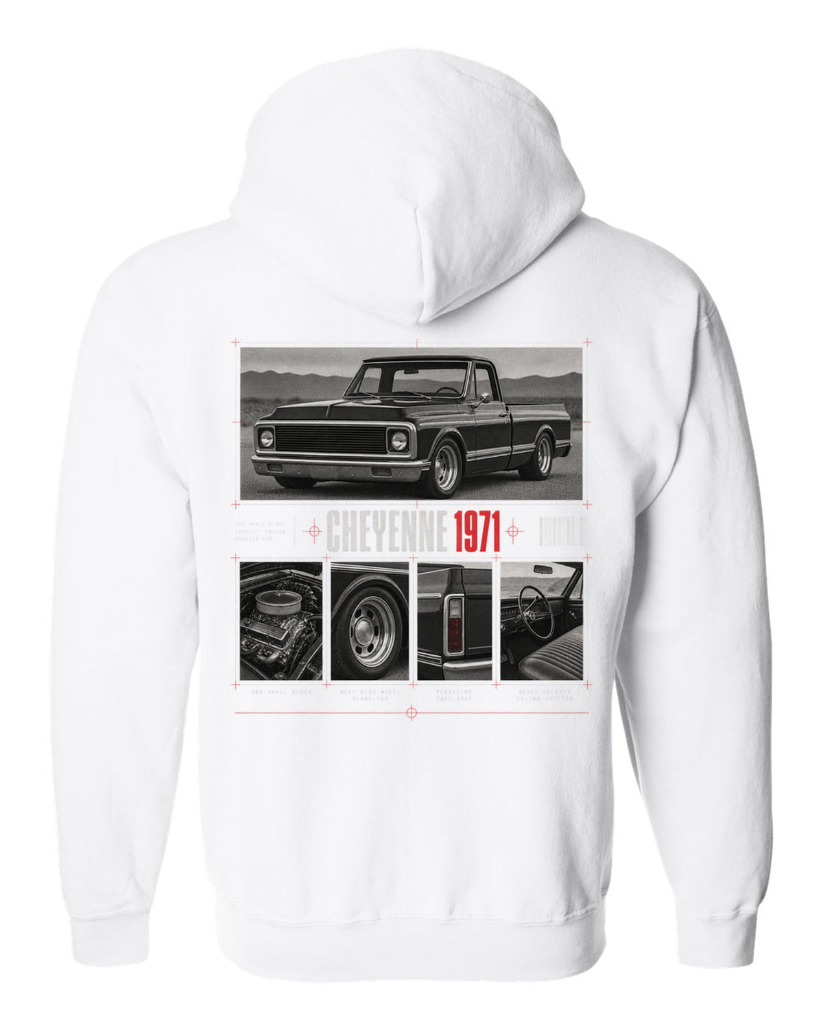 Dossier panel print of a 1971 Chevrolet C10 Cheyenne with 350 small block text white zip hoodie back view with the design