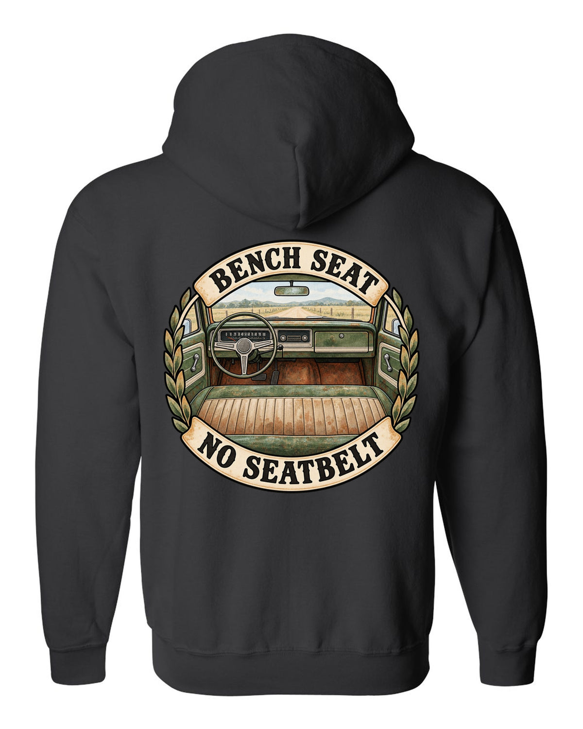 Watercolor print of the dash and bench seat in a 1967-72 Chevrolet C10 Action Line Fleetside Cheyenne black zip hoodie back view with the design