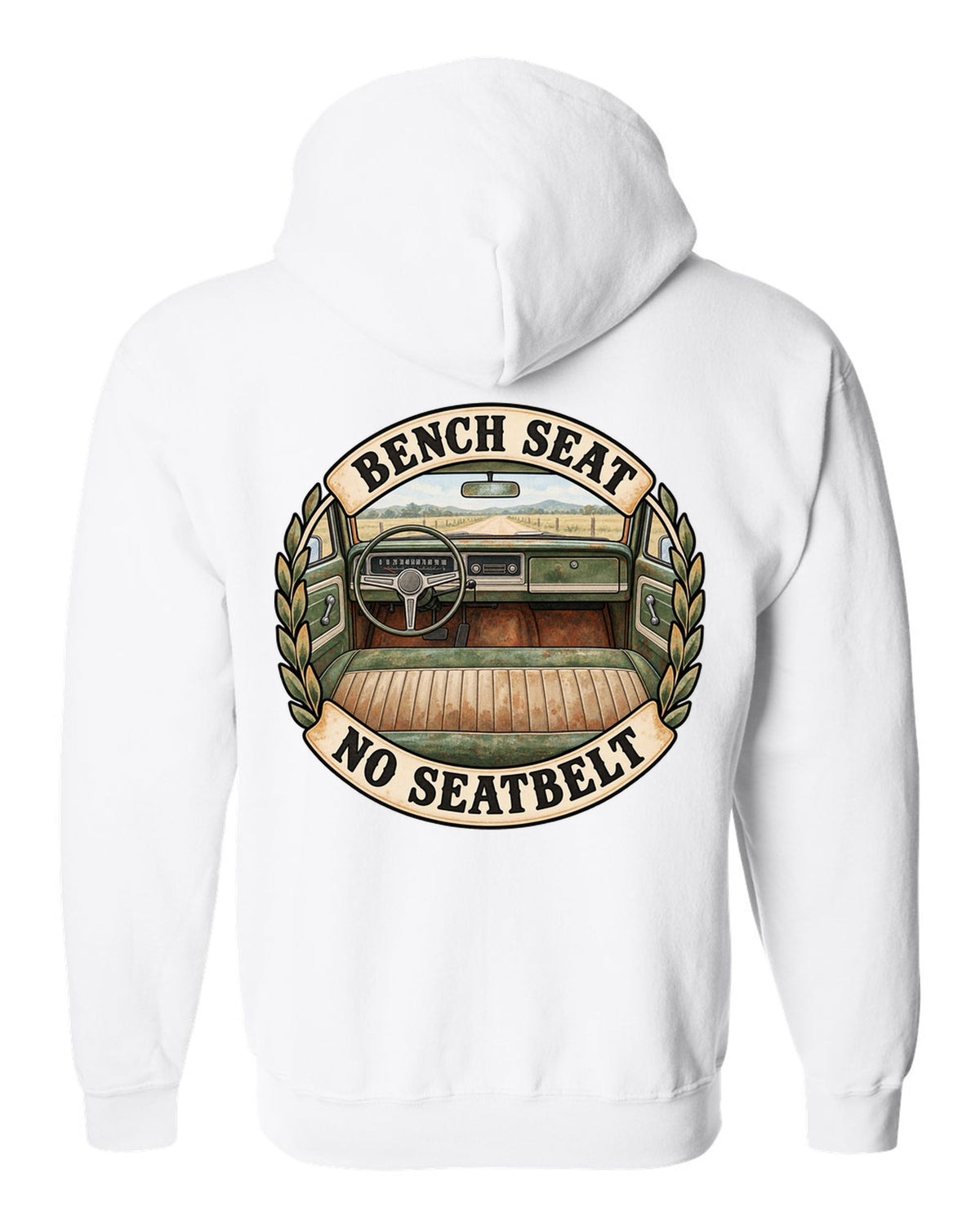 Watercolor print of the dash and bench seat in a 1967-72 Chevrolet C10 Action Line Fleetside Cheyenne white zip hoodie back view with the design