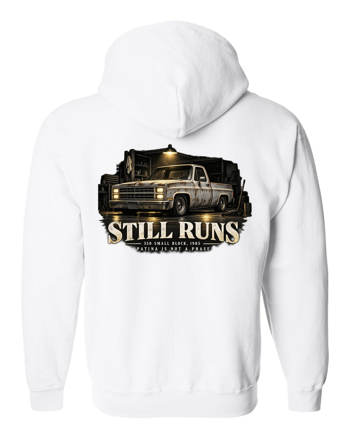 Night garage print of a 1973-87 Chevrolet C10 Squarebody with 350 small block text white zip hoodie back view with the design