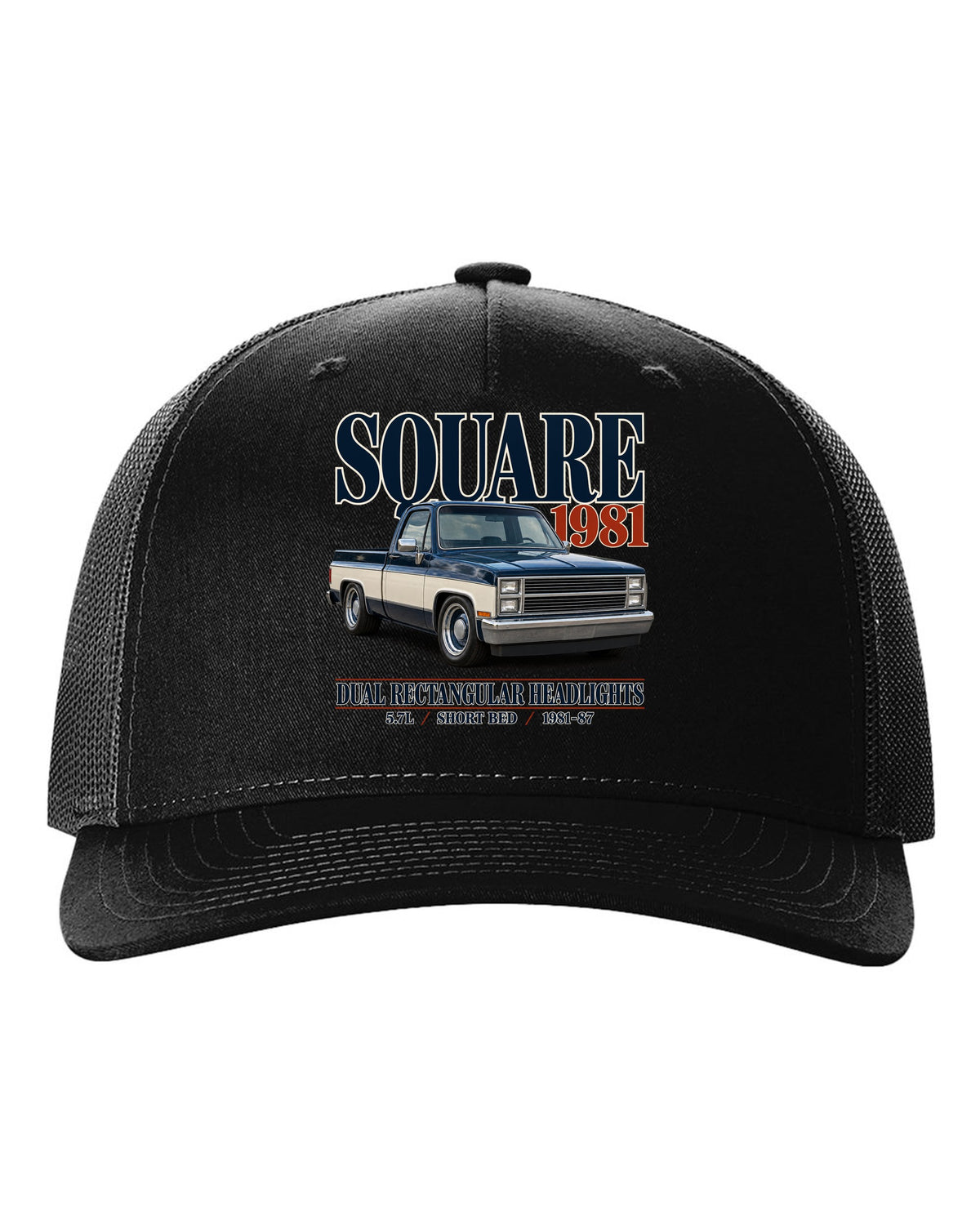 Editorial print of a 1981-87 Chevrolet C10 Squarebody in Silverado trim black hat front view with the design