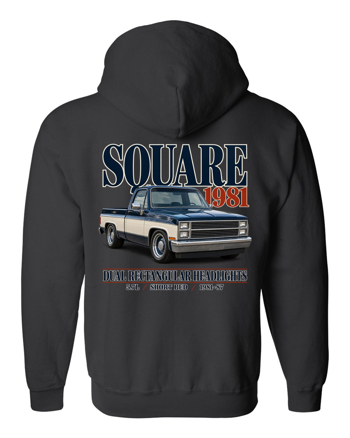 Editorial print of a 1981-87 Chevrolet C10 Squarebody in Silverado trim black zip hoodie back view with the design