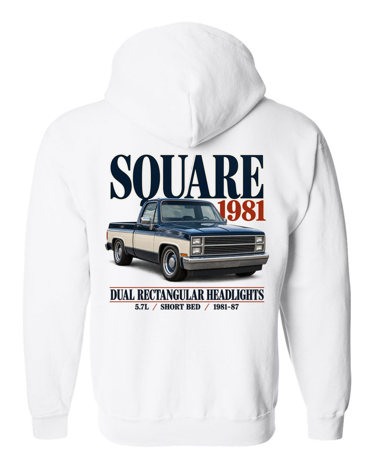 Editorial print of a 1981-87 Chevrolet C10 Squarebody in Silverado trim white zip hoodie back view with the design