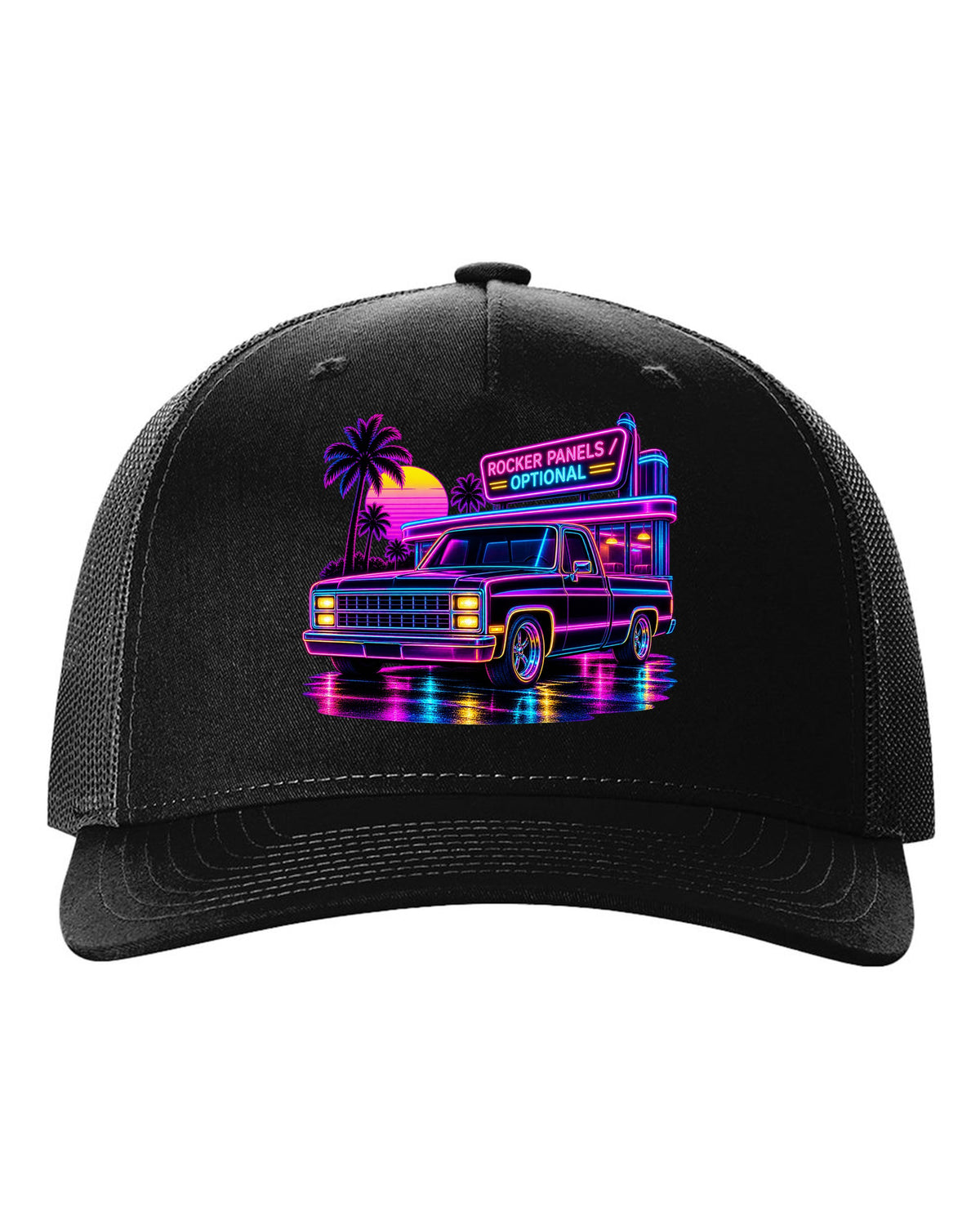 Neon synthwave line art print of a 1973-87 Chevrolet C10 Squarebody at a diner with rocker panels optional lettering black hat front view with the design