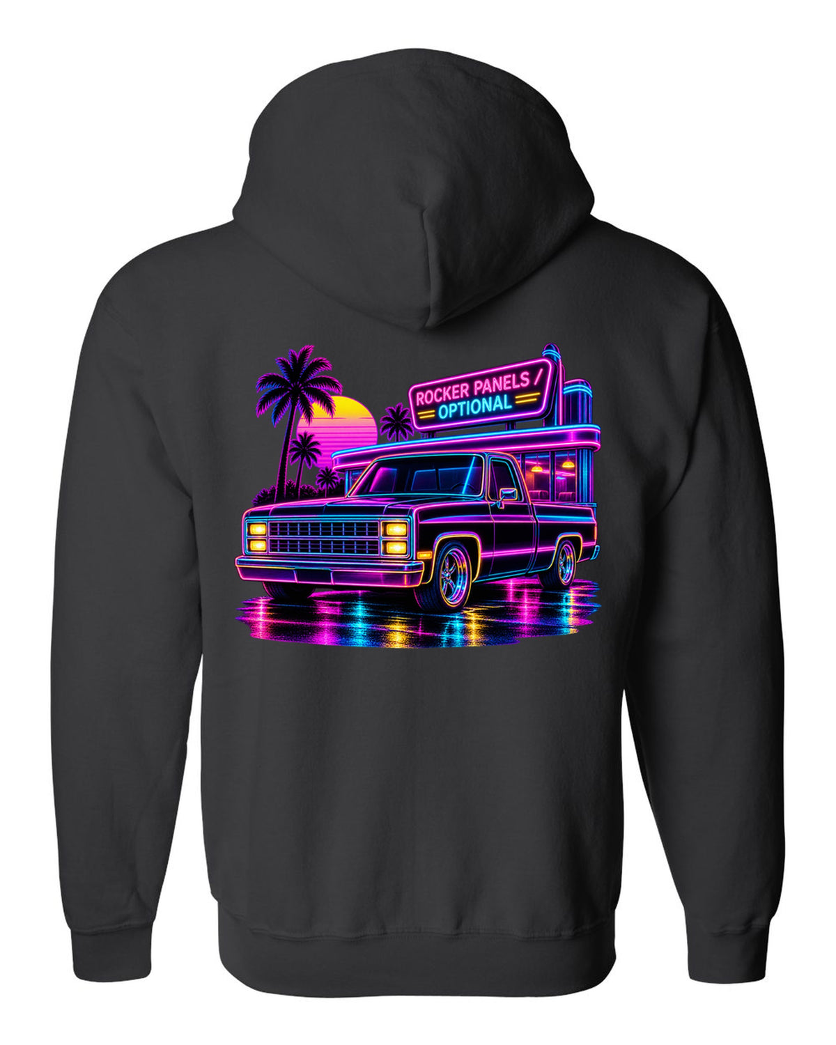 Neon synthwave line art print of a 1973-87 Chevrolet C10 Squarebody at a diner with rocker panels optional lettering black zip hoodie back view with the design