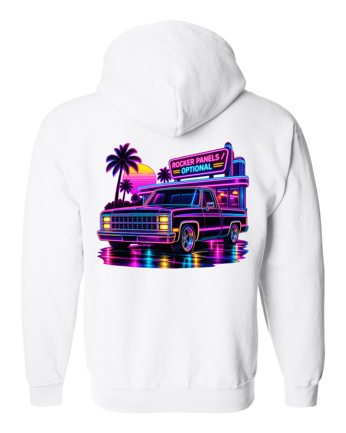Neon synthwave line art print of a 1973-87 Chevrolet C10 Squarebody at a diner with rocker panels optional lettering white zip hoodie back view with the design