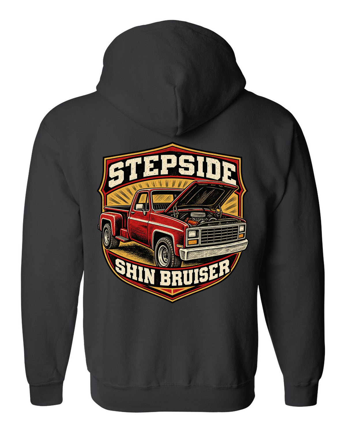 Linocut woodcut print of a 1973-87 Chevrolet C10 Squarebody Stepside with hood up and shin bruiser text black zip hoodie back view with the design