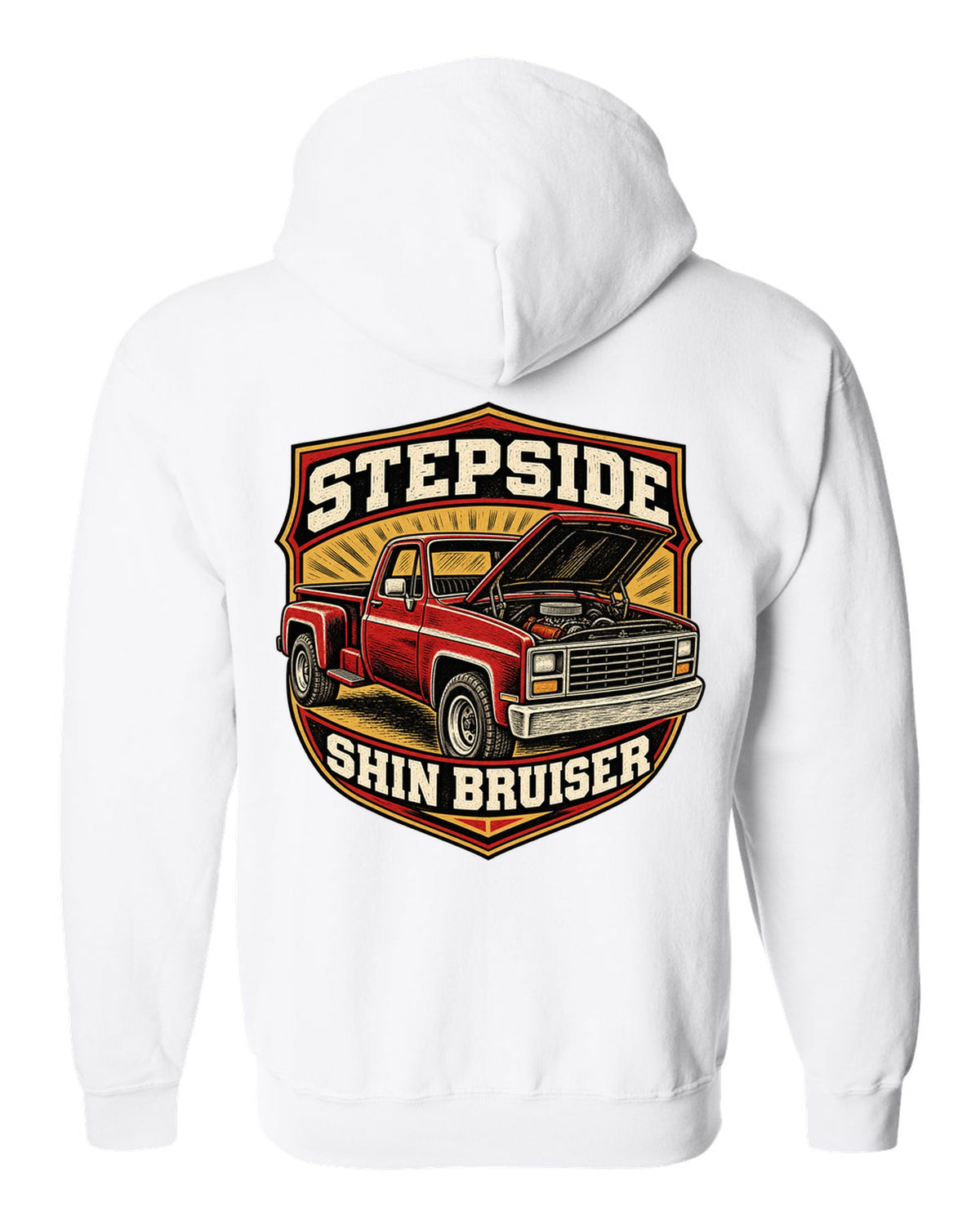 Linocut woodcut print of a 1973-87 Chevrolet C10 Squarebody Stepside with hood up and shin bruiser text white zip hoodie back view with the design
