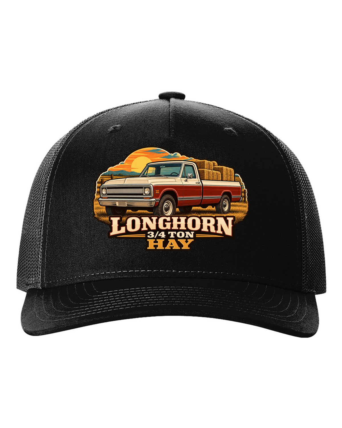 Vintage dealer-ad print of a 1967-72 Chevrolet C20 Longhorn with Longhorn 3/4 Ton Hay text black hat front view with the design