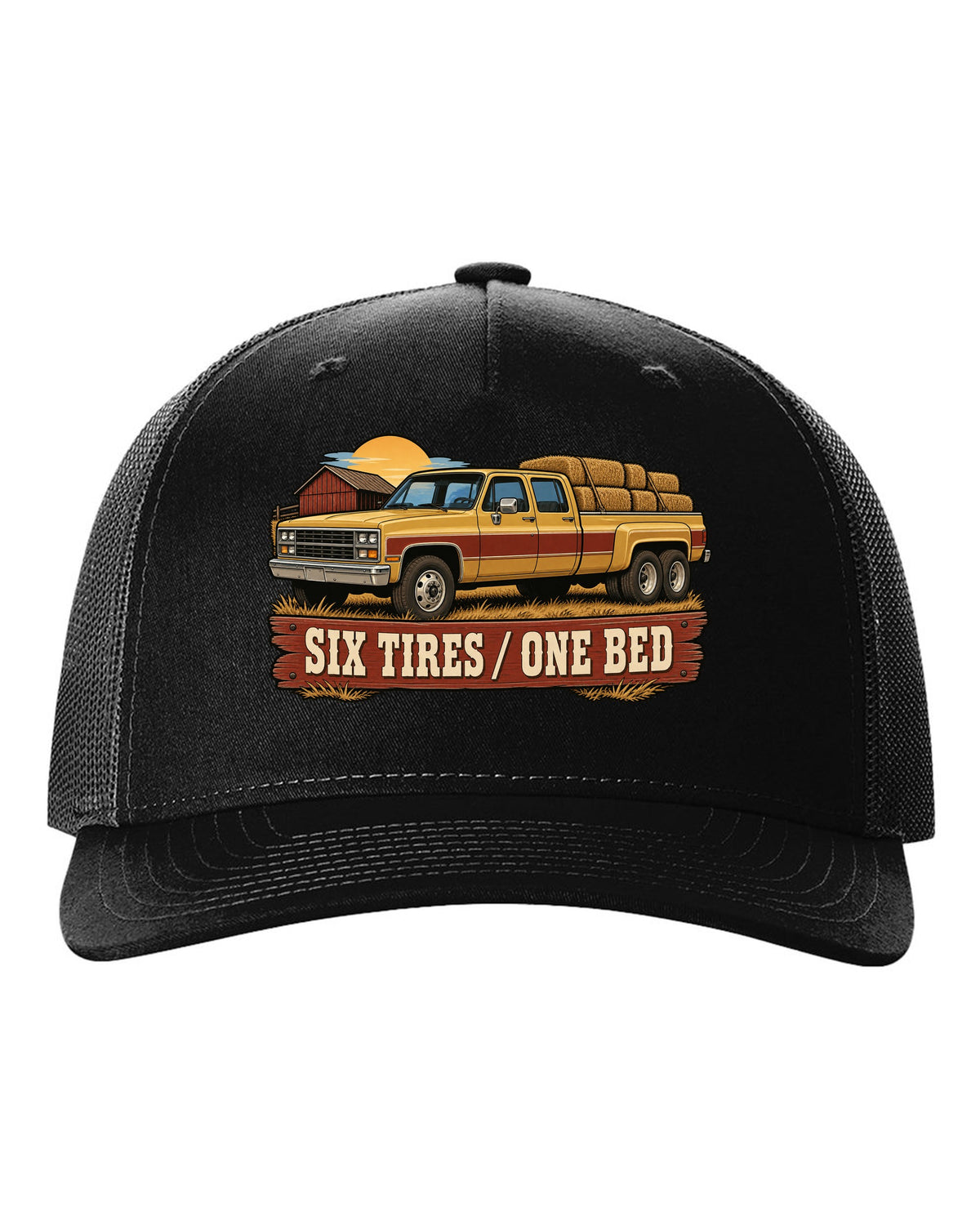 Vintage dealer-ad style print of a 1973-87 Chevrolet C20 Squarebody crew cab with six tires one bed lettering black hat front view with the design