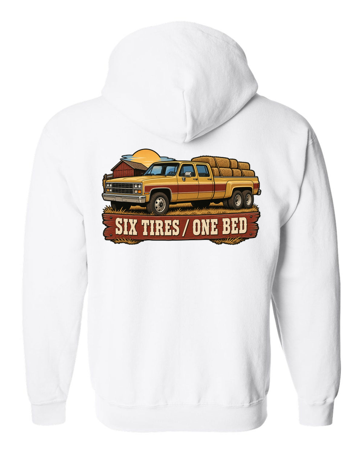 Vintage dealer-ad style print of a 1973-87 Chevrolet C20 Squarebody crew cab with six tires one bed lettering white zip hoodie back view with the design