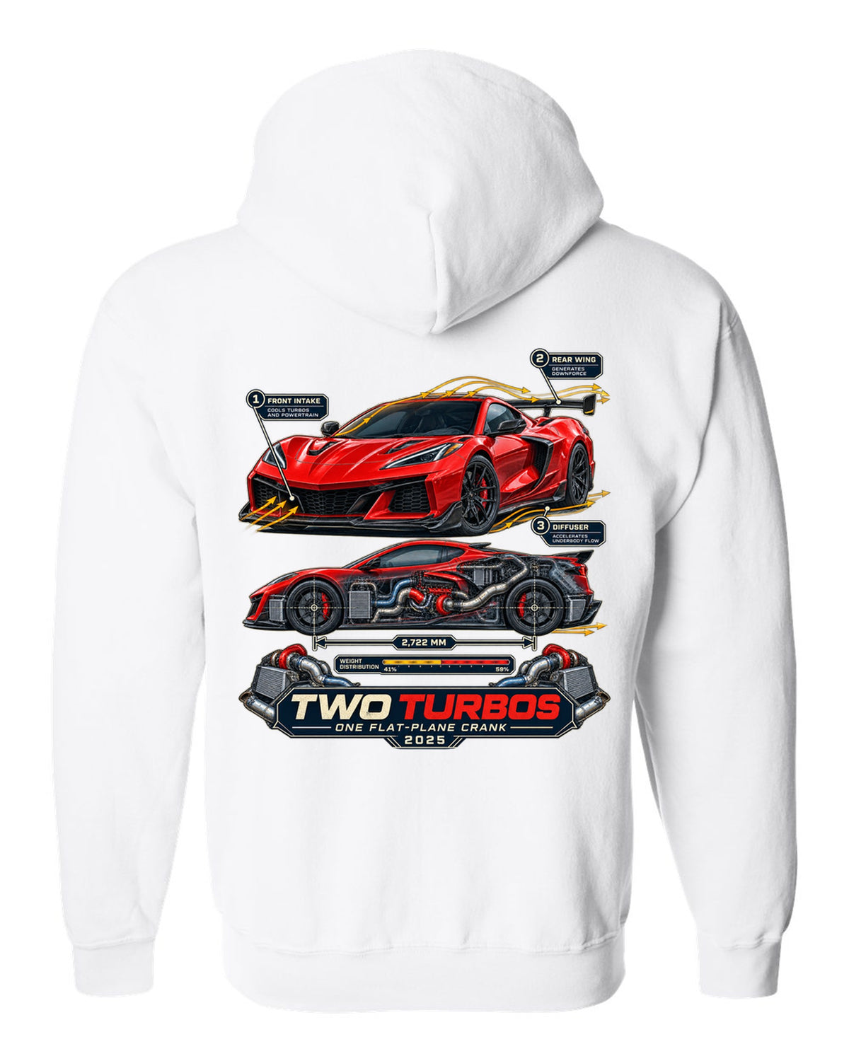 print of a Chevrolet Corvette C8 ZR1 cutaway with callouts for twin turbos and flat-plane crank white zip hoodie back view with the design