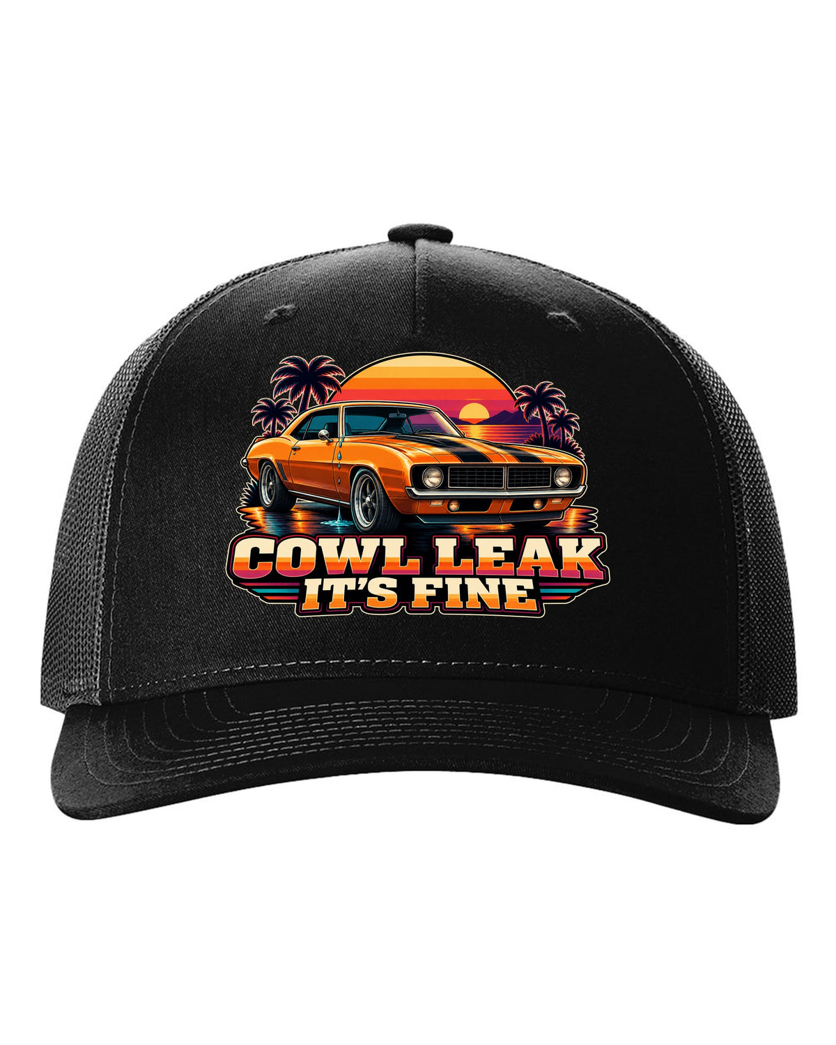 Retro banded sunset illustration of a 1969 Chevrolet Camaro coupe with cowl leak lettering black hat front view with the design