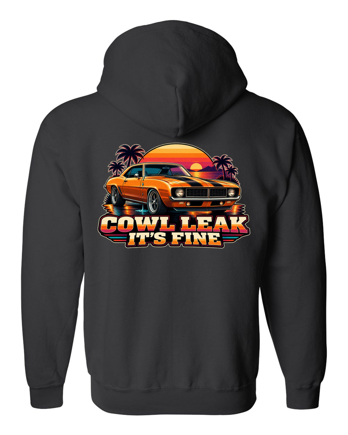 Retro banded sunset illustration of a 1969 Chevrolet Camaro coupe with cowl leak lettering black zip hoodie back view with the design