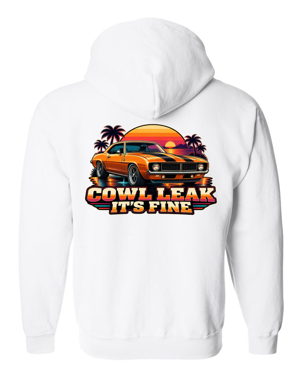 Retro banded sunset illustration of a 1969 Chevrolet Camaro coupe with cowl leak lettering white zip hoodie back view with the design