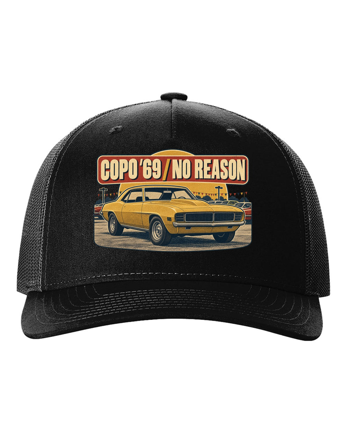 1970s catalogue ad layout with halftone shading of a 1969 Chevrolet Camaro COPO-style coupe black hat front view with the design