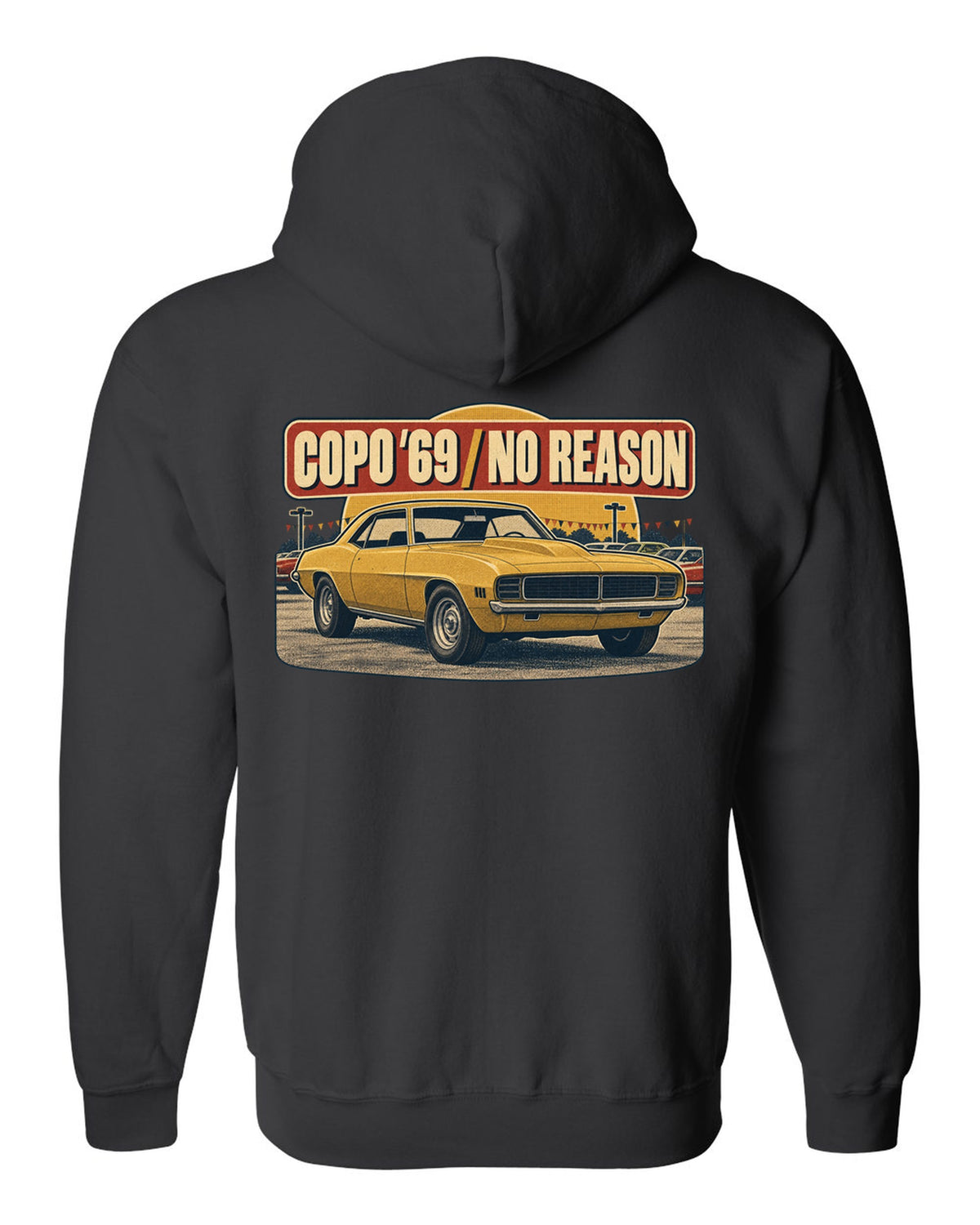 1970s catalogue ad layout with halftone shading of a 1969 Chevrolet Camaro COPO-style coupe black zip hoodie back view with the design