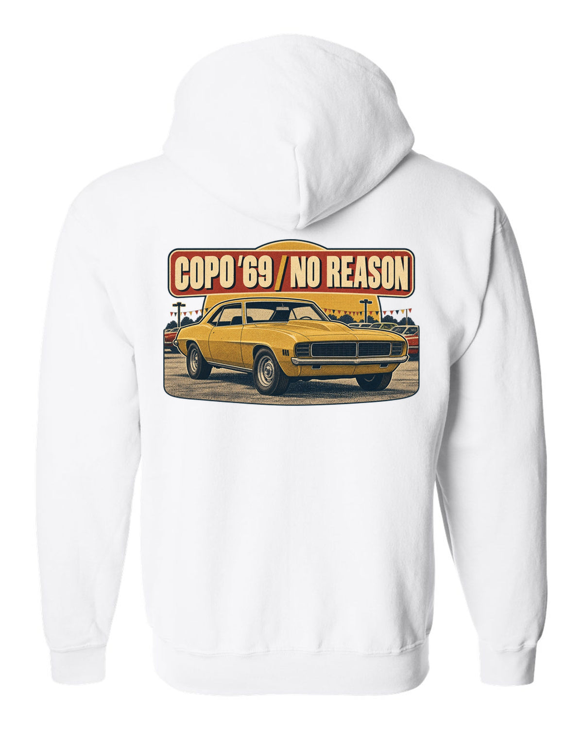 1970s catalogue ad layout with halftone shading of a 1969 Chevrolet Camaro COPO-style coupe white zip hoodie back view with the design