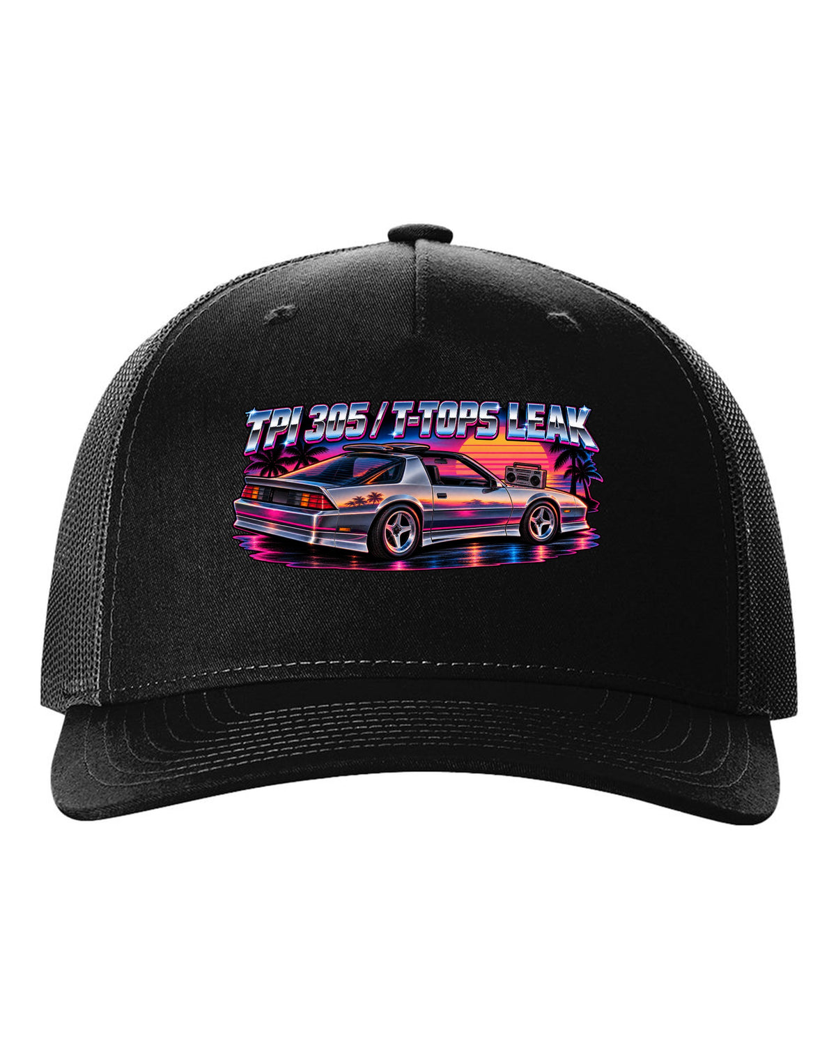 80s airbrush art with chrome type and lightning bolts of a 1985 Chevrolet Camaro IROC-Z black hat front view with the design