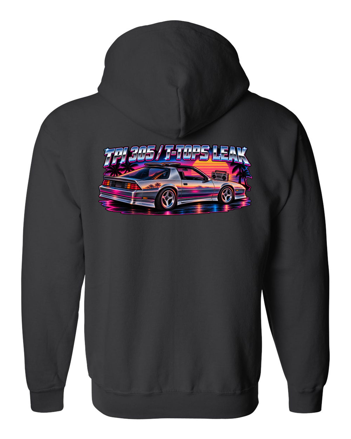 80s airbrush art with chrome type and lightning bolts of a 1985 Chevrolet Camaro IROC-Z black zip hoodie back view with the design