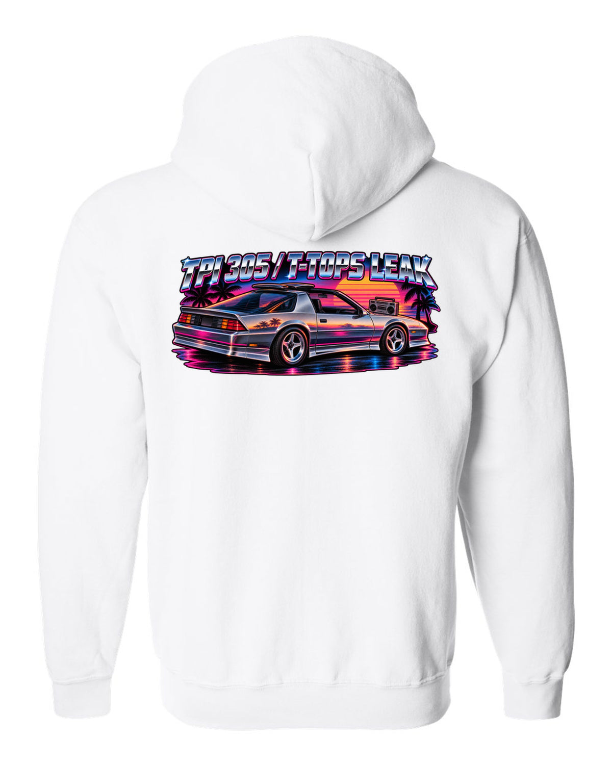80s airbrush art with chrome type and lightning bolts of a 1985 Chevrolet Camaro IROC-Z white zip hoodie back view with the design