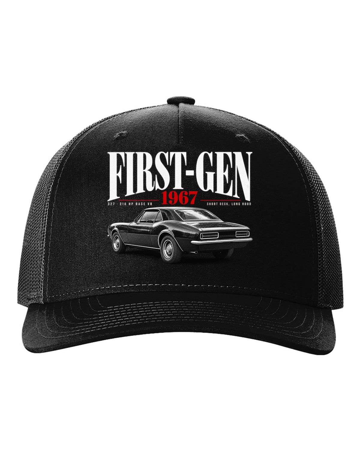 Editorial-style print of a 1967 Chevrolet Camaro RS with first-gen and 327 V8 caption black hat front view with the design