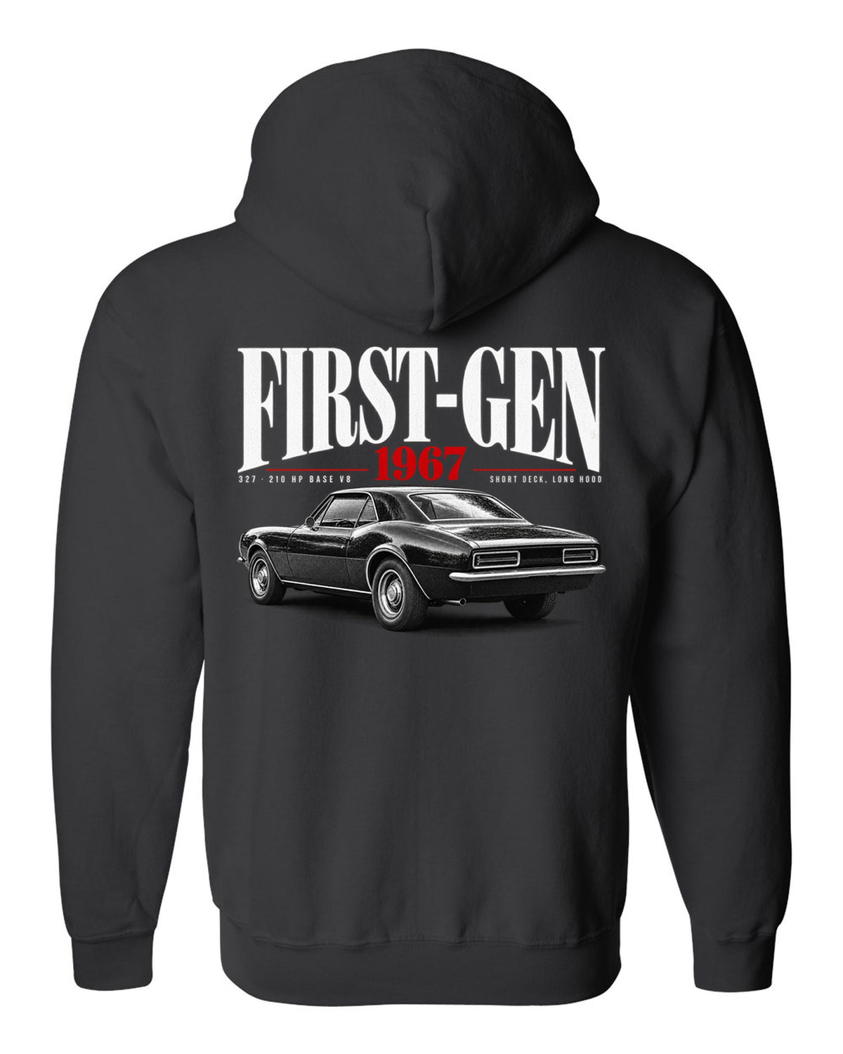 Editorial-style print of a 1967 Chevrolet Camaro RS with first-gen and 327 V8 caption black zip hoodie back view with the design
