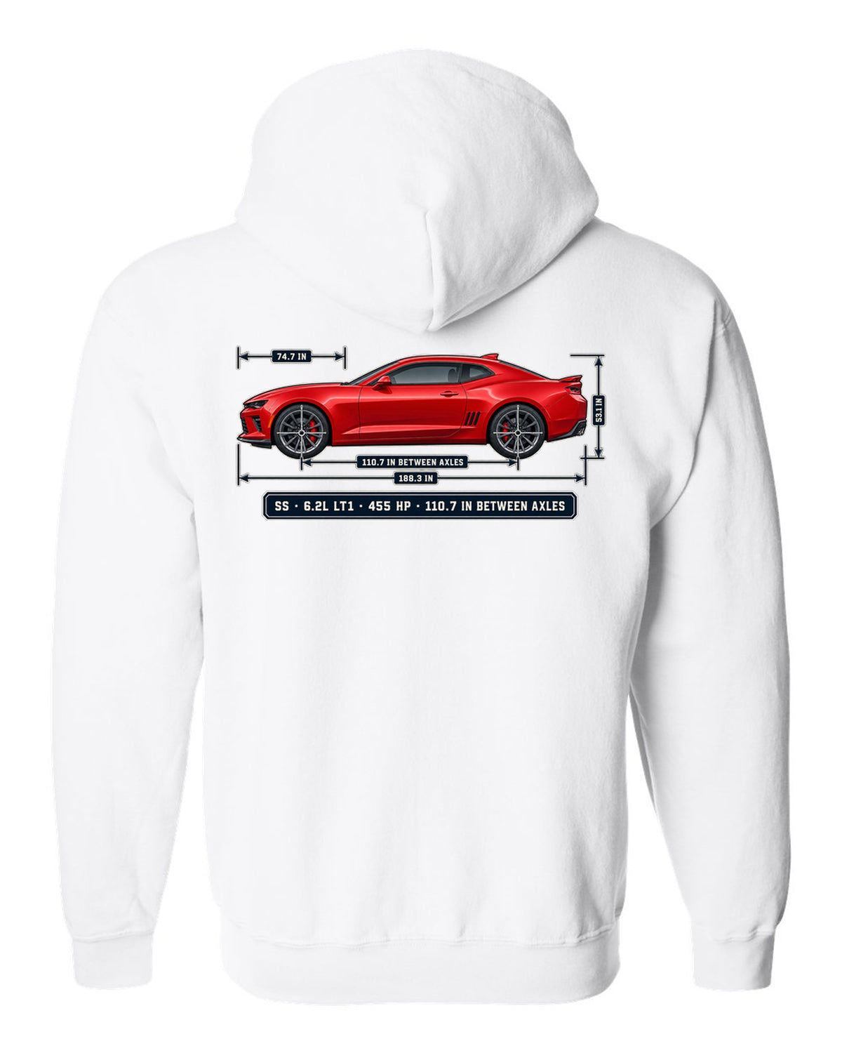 Dimension blueprint print of a 6th generation Chevrolet Camaro SS coupe white zip hoodie back view with the design