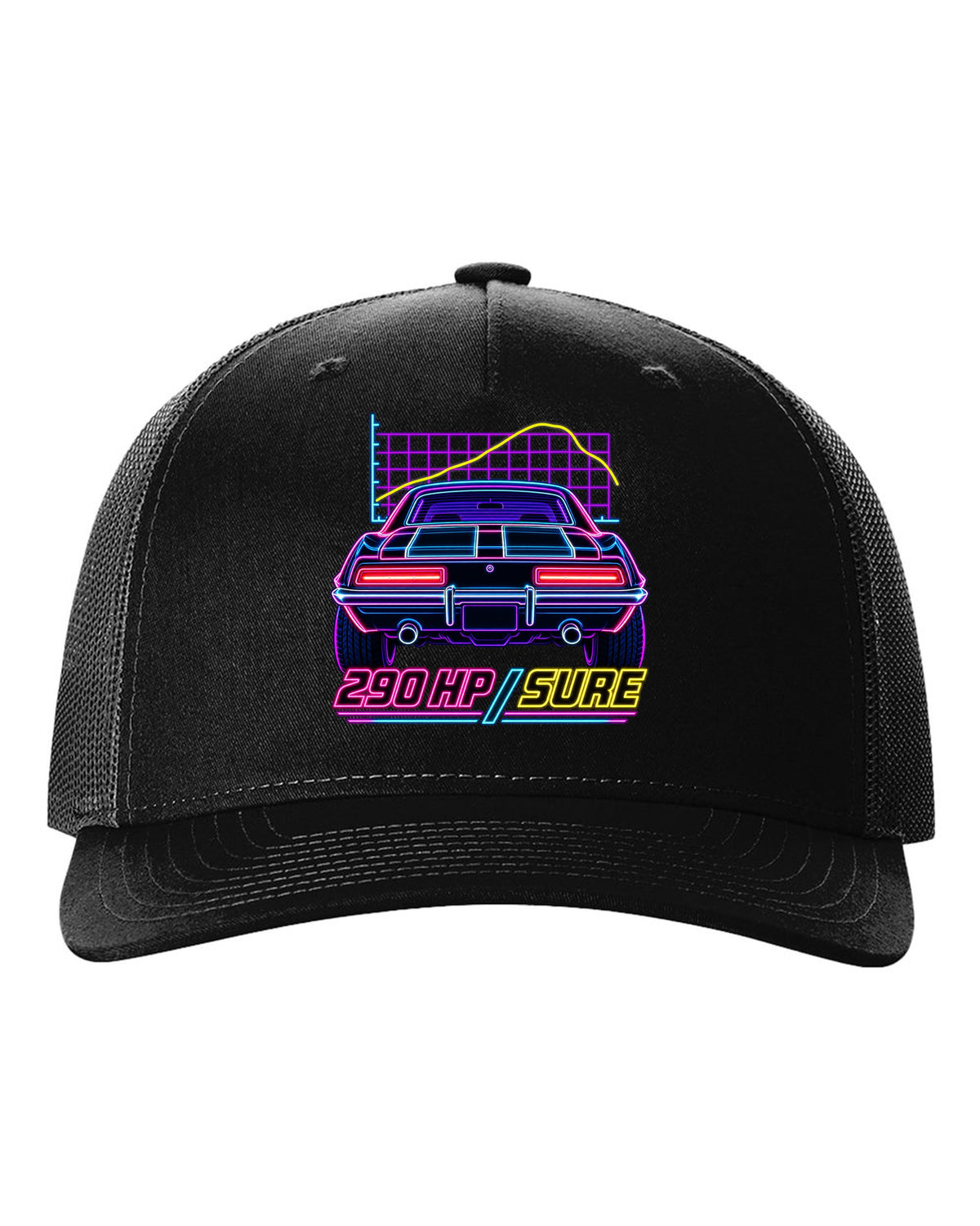 Neon synthwave outline of a 1969 Chevrolet Camaro Z/28 taillights with 290 HP lettering black hat front view with the design