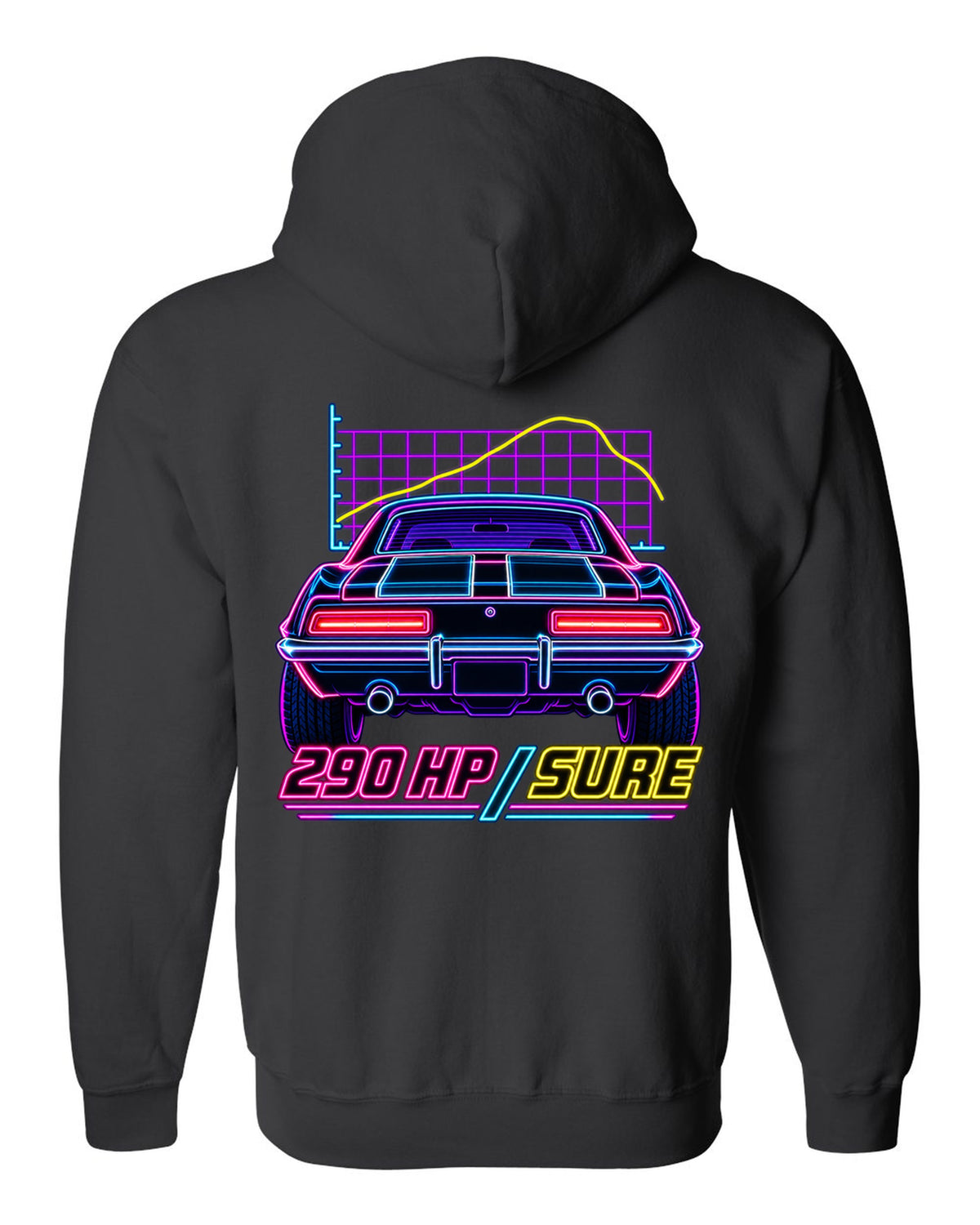 Neon synthwave outline of a 1969 Chevrolet Camaro Z/28 taillights with 290 HP lettering black zip hoodie back view with the design
