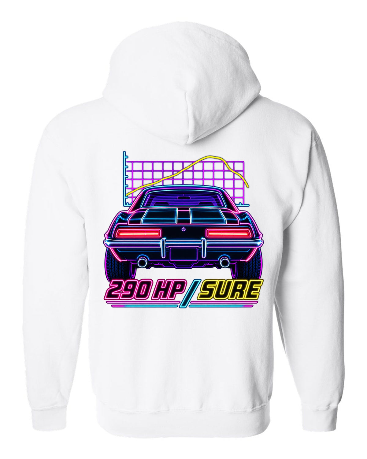 Neon synthwave outline of a 1969 Chevrolet Camaro Z/28 taillights with 290 HP lettering white zip hoodie back view with the design