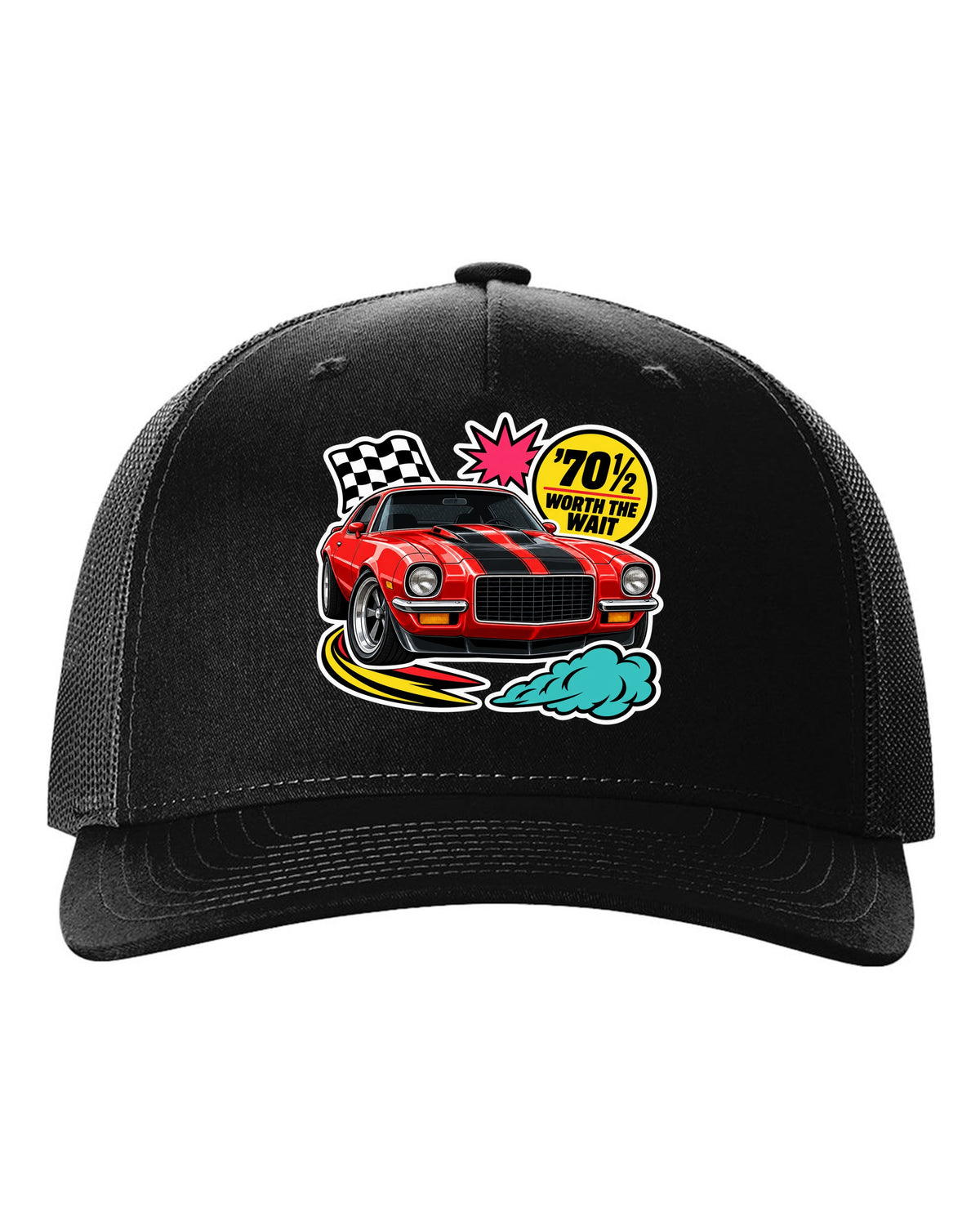 Sticker-bomb collage with die-cut edges of a 1970 Chevrolet Camaro Z28 black hat front view with the design