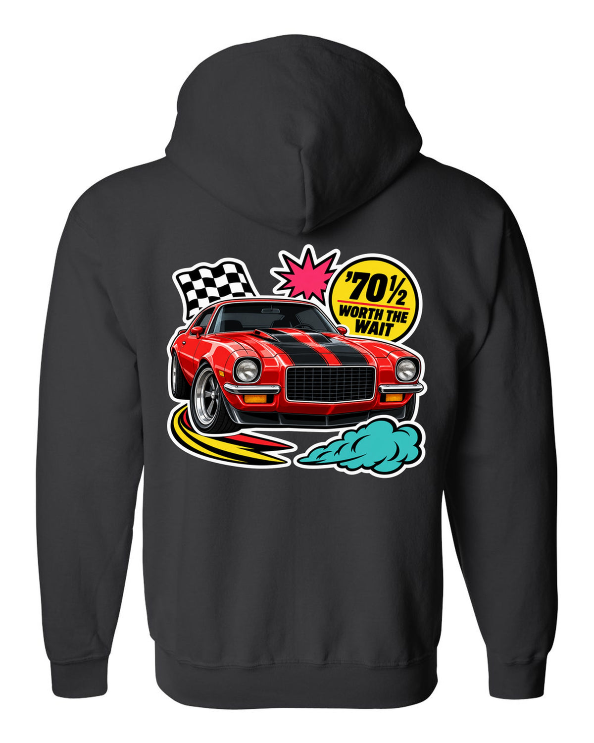 Sticker-bomb collage with die-cut edges of a 1970 Chevrolet Camaro Z28 black zip hoodie back view with the design