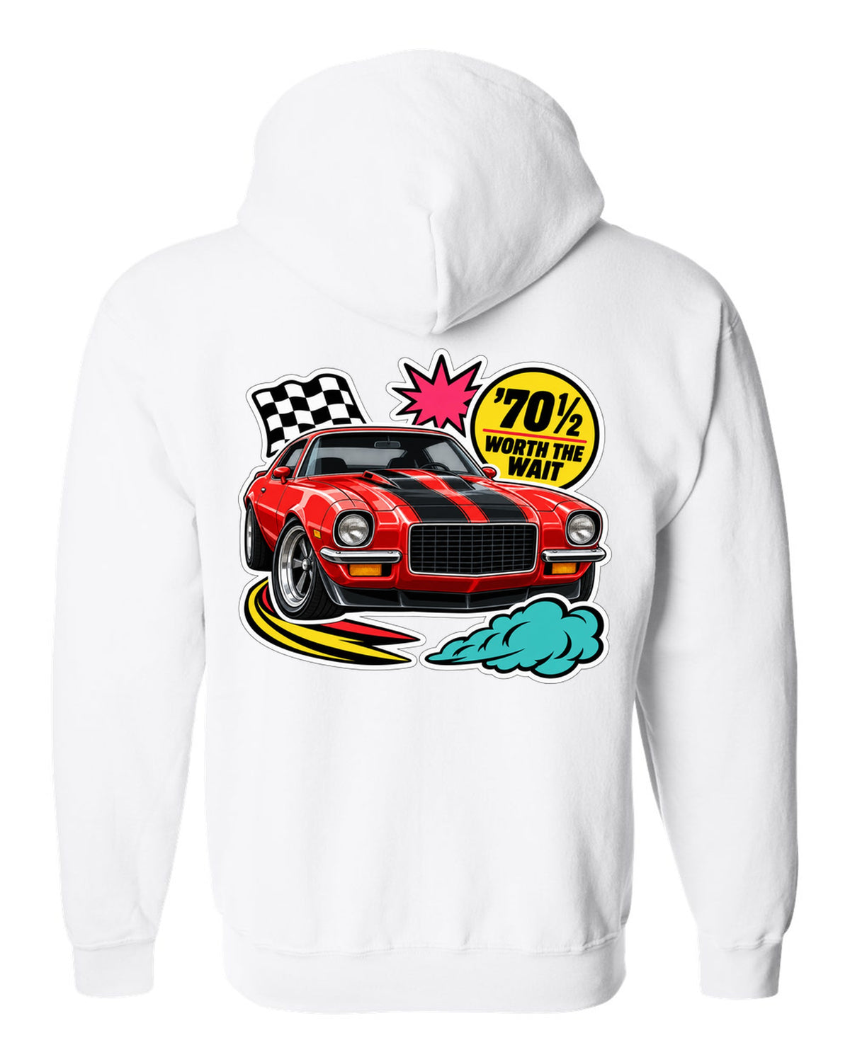 Sticker-bomb collage with die-cut edges of a 1970 Chevrolet Camaro Z28 white zip hoodie back view with the design