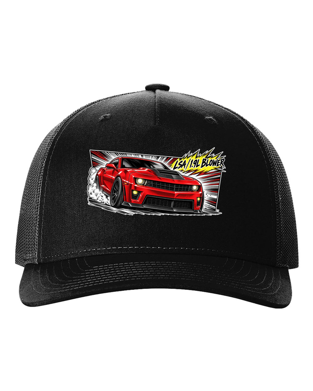 Retro manga panel with speed lines and screentone of a 2012 Chevrolet Camaro ZL1 black hat front view with the design